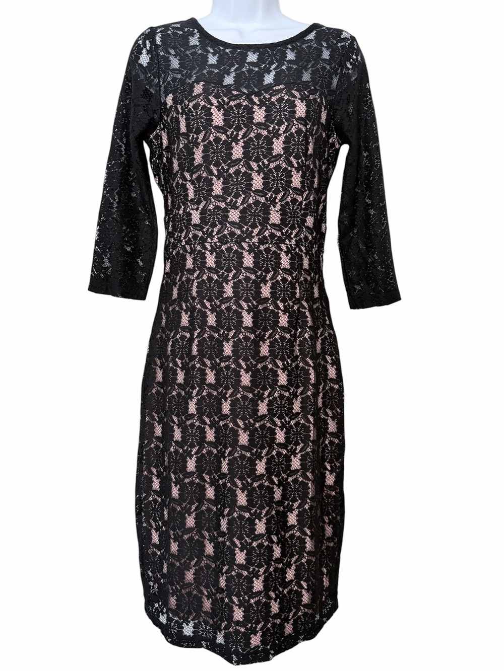 Dorothy Perkins Black Lace Nude Lined Long Sleeve Midi Dress US 8 UK 12